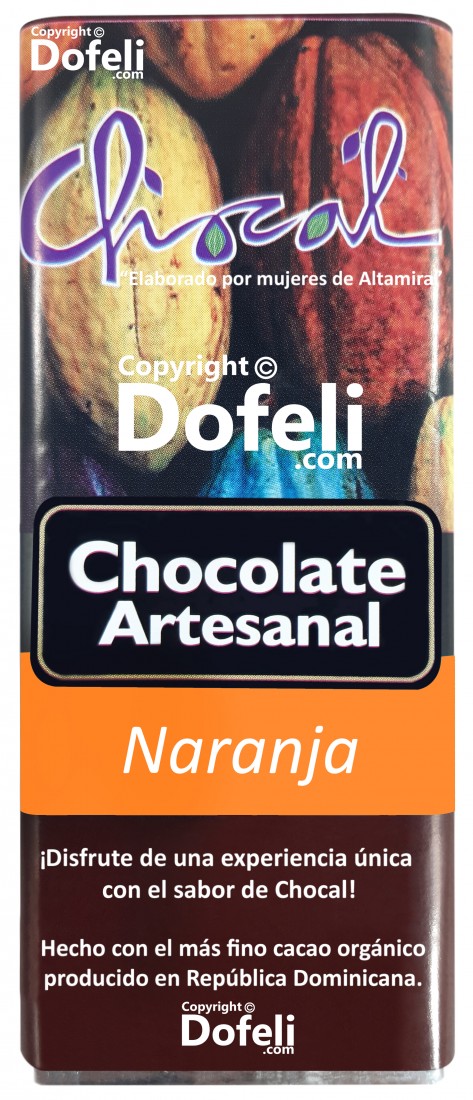 Dominican artisan chocolate bar by Chocal infused with orange flavor and crafted with organic cocoa.